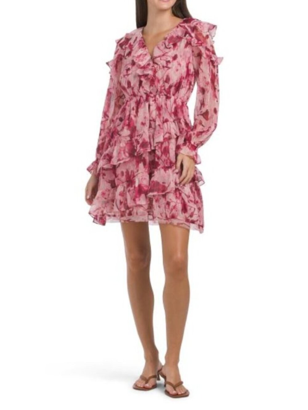 MARCHESA ROSA Pleated Long Sleeve Chiffon Mini Dress
